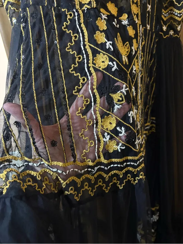 Free People black & gold floral embroidered tulle overlay midi dress - Image 6