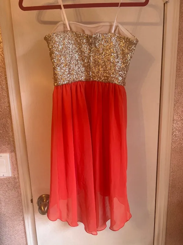 Jodi Kristopher Strapless Sequin Bodice Red Chiffon Dress S - Image 5