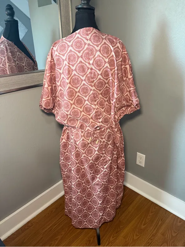 NWOT Zara Cotton Geometric Print Boho Festival Kafan Maxi Dress Pink Medium - Image 4