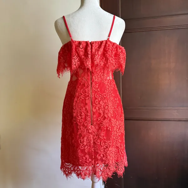 NBD x NAVEN | Allie Red Orange Lace Cocktail Dress Off Shoulder Sheer | Small - Image 6