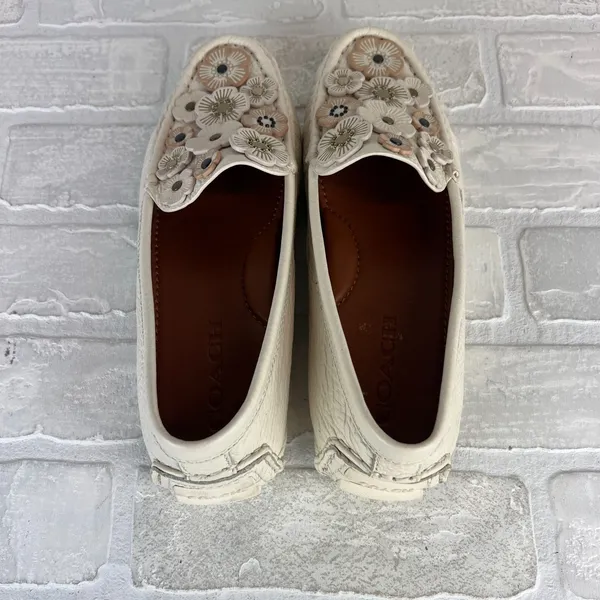 COACH Tea Rose Crosby Loafer Driver Flats Womens 8 Chalk Leather Floral Applique - Image 5