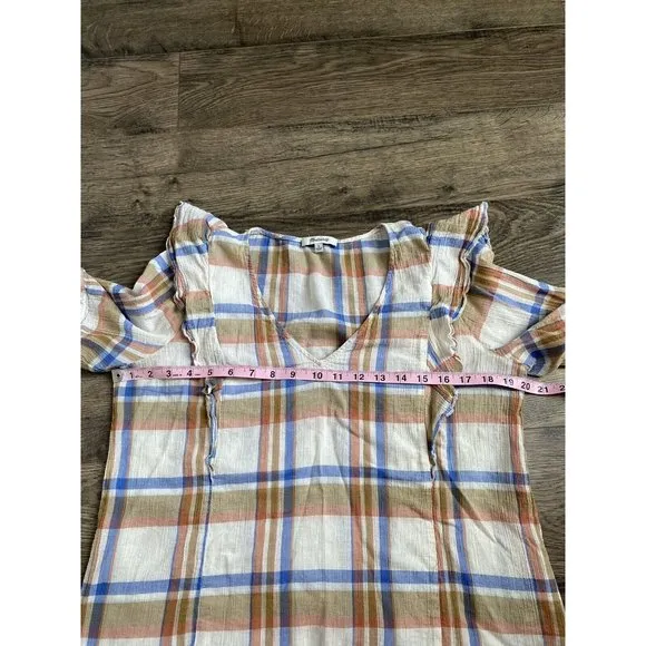 EUC Womens Madewell V‎ Neck Shoulder Ruffle Top In Plaid Short Sleeve Size L - Image 9