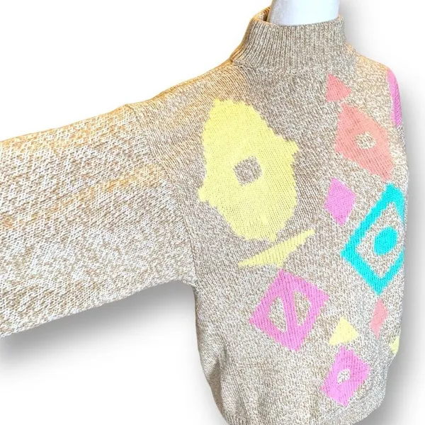Vintage‎ 90s Sweater Geometric Multicolor Cropped Yellow Neutral Pullover Knit - Image 5