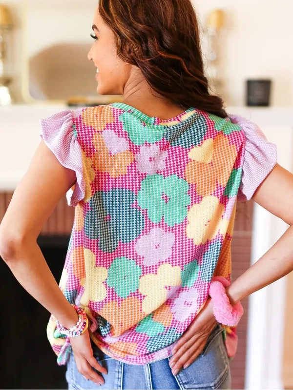 Haptics Floral Waffle Knit Flutter Sleeve Top Pink Multicolor Size Medium - Image 6