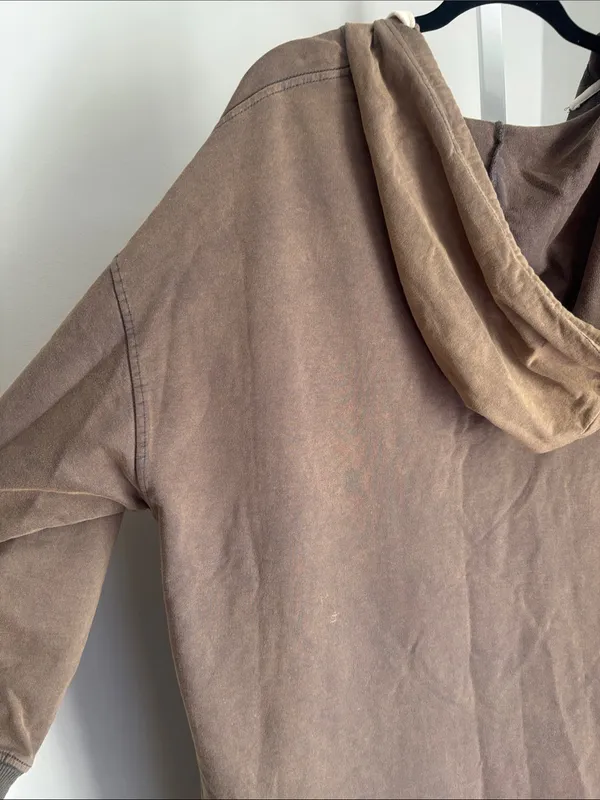 POL Vintage Washed V-Neck Long Sleeve French Terry Hoodie Lounge Dress Taupe - Image 6