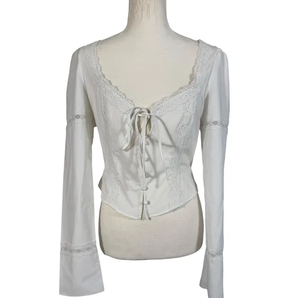 Mistress Rocks Lace Trim Tie Front Top Womens Medium White Bell Sleeve Corset - Image 4