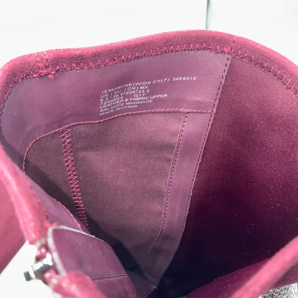 Calvin Klein Jemamine Wide‎ Calf Tall Boots Burgundy Suede Leather Heel Size 6.5 - Image 9