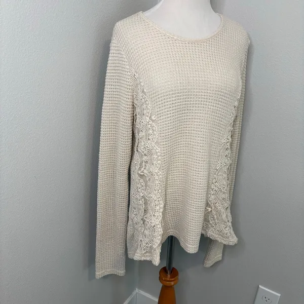 ANDTHEWHY Womens Cream Waffle Knit Lace Panel Long‎ Sleeve Top Small - Image 3