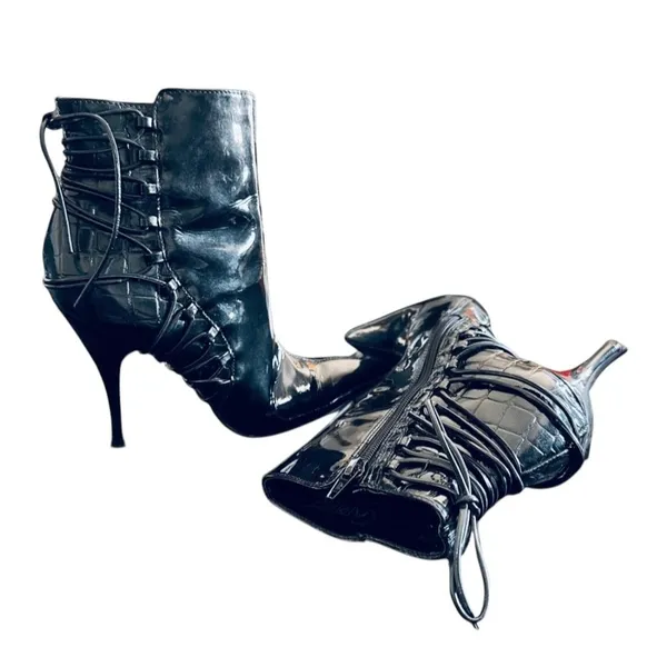Carlos‎ Santana Black Ankle Boots Pointed Toe Stiletto Heel Patent Lace-Up Croc - Image 8