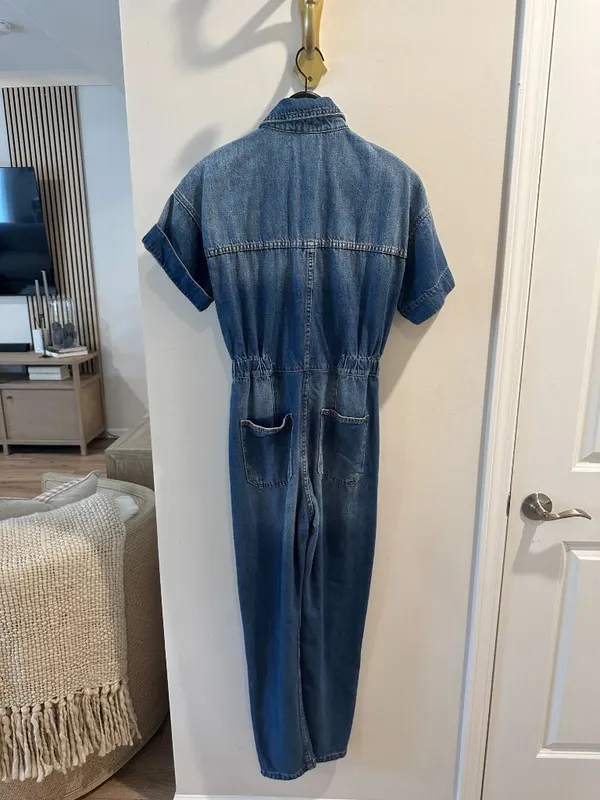 FREE PEOPLE Marci Denim Jumpsuit in Wash Sapphire Blue Size X-Small - Image 7