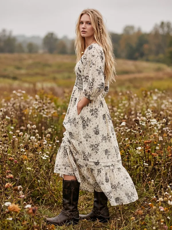 Free People Bohemian Billowy Ethereal Floral Golden Hour Maxi Dress Ivory XL - Image 2