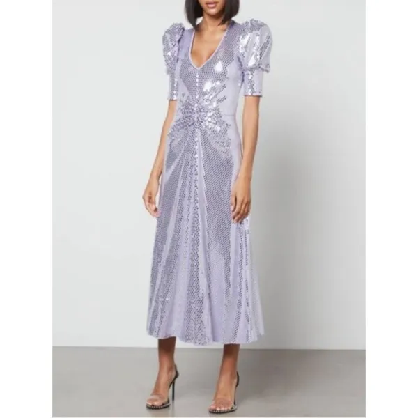 NWT ROTATE Birger Christensen Sierina Sequin Puff Sleeve Ruched Dress Lavender 0 - Image 7