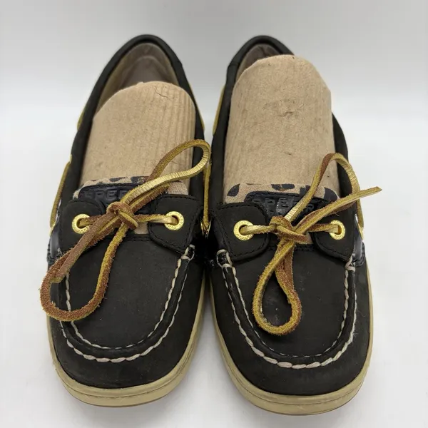 Sperry Top-Sider Womens 6 Boat Shoes Angelfish Black Leopard Lace Up Gold Laces - Image 3