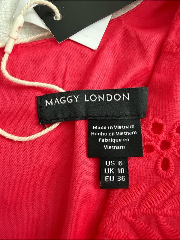 NWT Maggy London Coral Eyelet Midi Dress Size 6 Ruffle V-Neck - Image 7