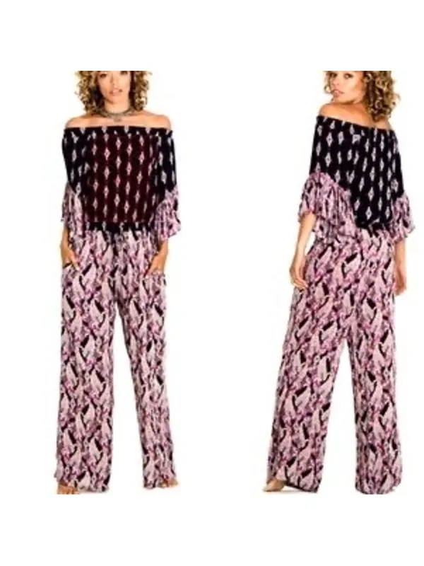 Raga by Anthropologie Boho Off-The-Shoulder Paisley Smocked Jumpsuit Size L NWT - Image 4