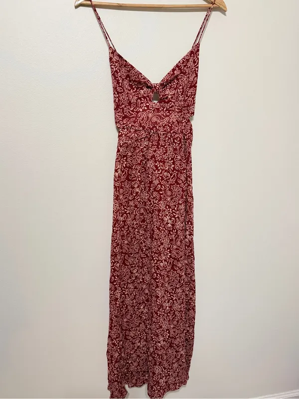 ZARA Paisley Floral Boho Dress Size Medium Side Cut out Burnt Orange - Image 2