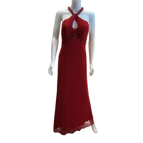 May Queen Couture Red Glitter Beaded Halter Keyhole Evening Gown‎ Dress 10 - Image 9