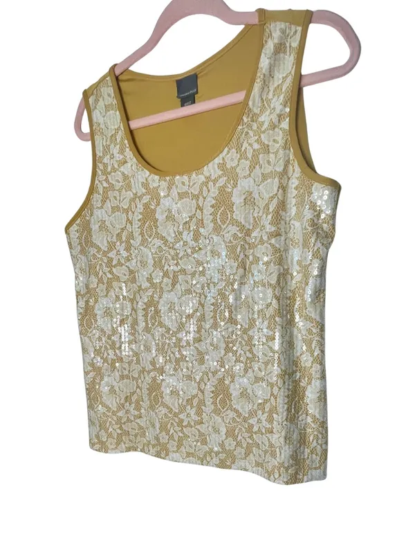 Covington Sequin Lace Tank Top ~‎ Shimmer Sleeveless Blouse Gold ~ Size Large - Image 3