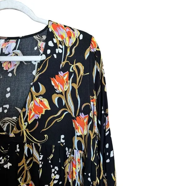 Free People Meadow Lark Womens Medium Floral Black Oversized Long Sleeve Blouse - Image 3