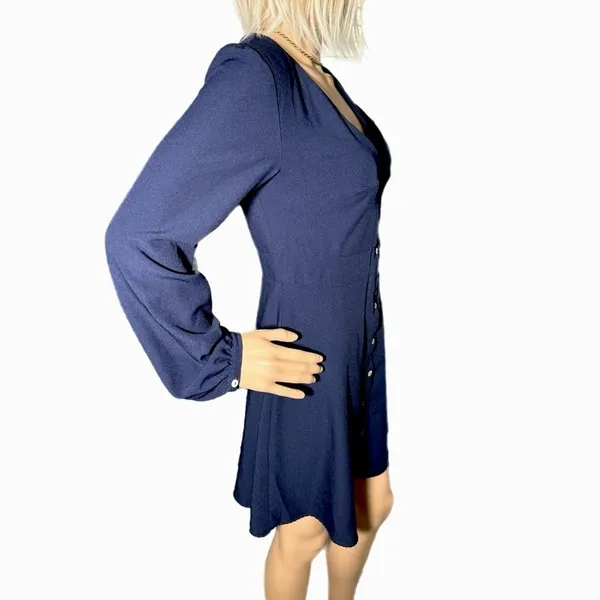 HUTCH Designer Button Front Mini Dress Navy Long Sleeve V-Neck Womens Sz S 4 - Image 3