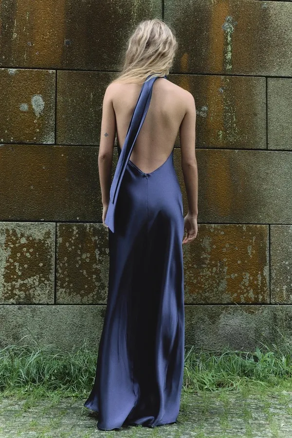 Zara maxi dress satin slip gown Elegant blue Halter formal party wedding prom - Image 14