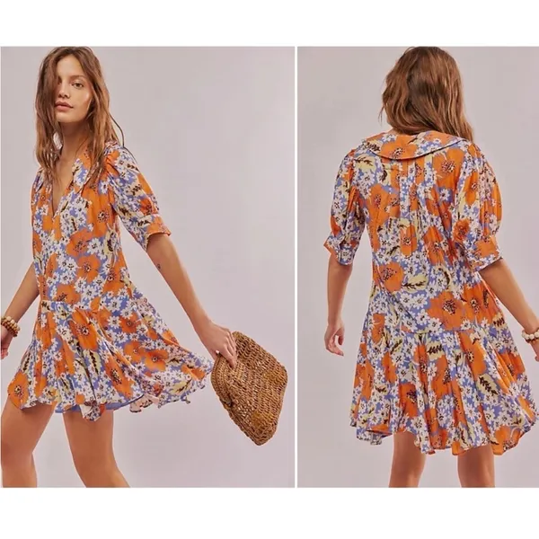 Free People Size Medium Sugar Crush Mini Dress Cobalt‎ Combo Floral - Image 2