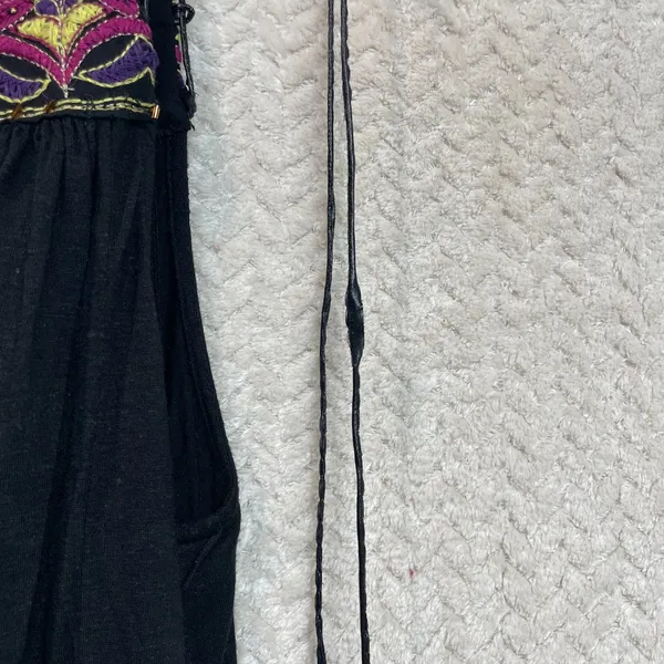 Free People Boho Black Embroidered Flowy Faux‎ Leather Straps Tunic Size Medium - Image 10