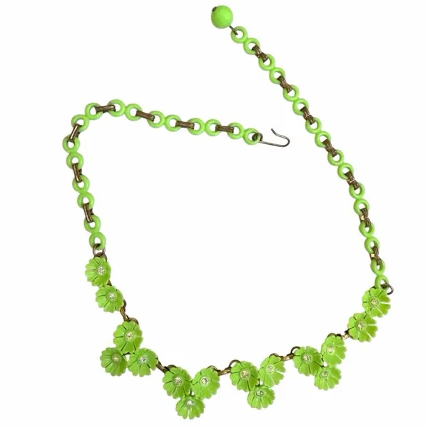 Vintage Lime Green Flower Rhinestone Necklace - Image 7