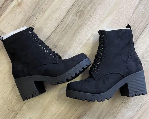 Soda Black Vegan Suede Chunky Heel Ankle Boot - Image 2