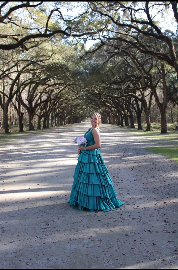 Teal Sherri Hill Ruffled Prom Dress - Image 3