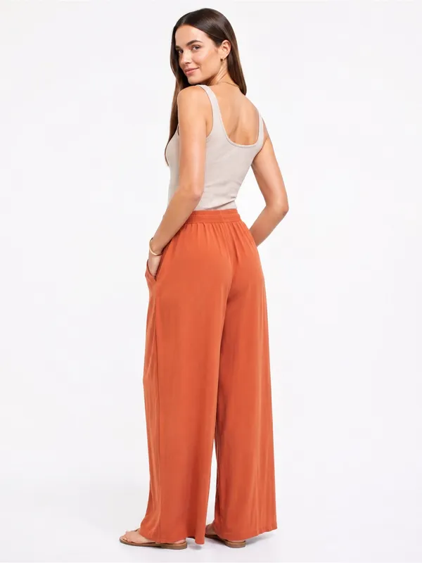 NEW Melloday Rust Orange Wide Leg Drawstring Pants L Bohemian Resort Pull On - Image 5