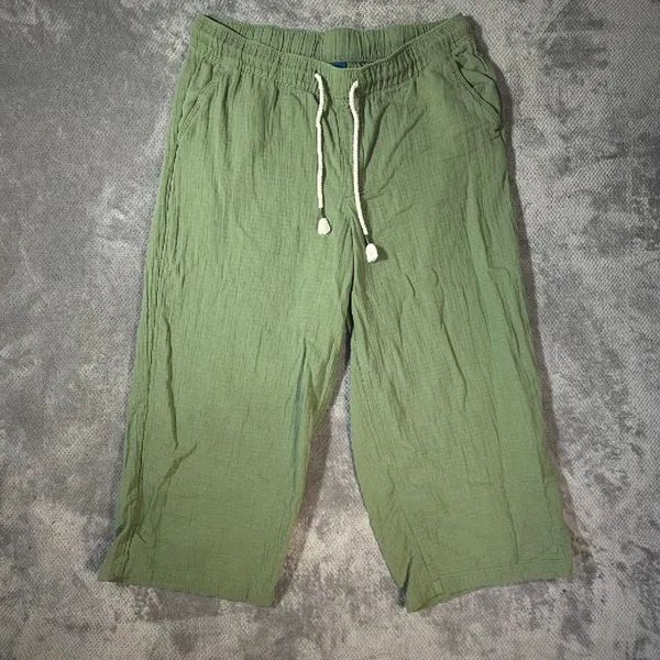 Old Navy XL Green Crinkle Gauze Wide Leg Crop Pants 100% Cotton Lagenlook Goblin - Image 3