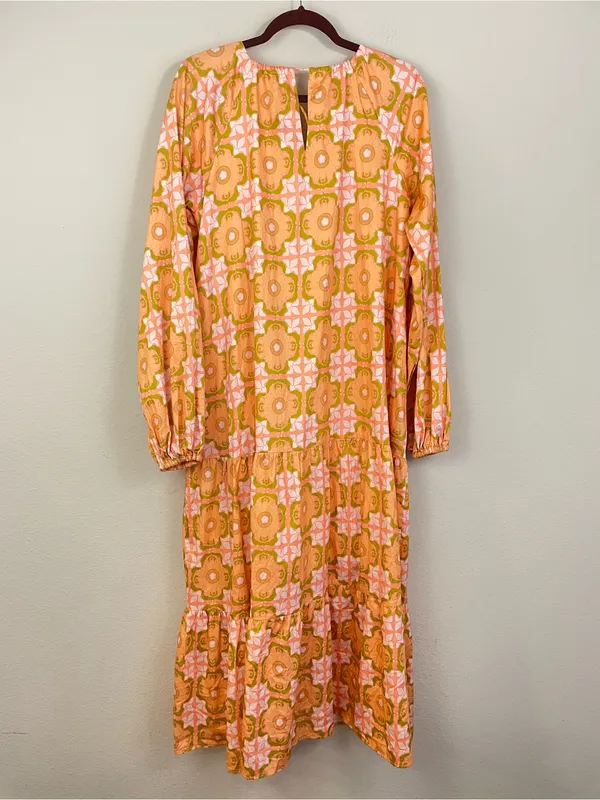 Ivy City Co Imogen Dress Orange Pink Floral Tie Neck Long Sleeve Maxi‎ Size XS - Image 9