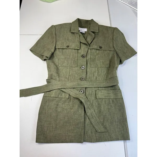 Dressbarn Olive Green Safari Style Short Sleeve Belted Shirt‎ Dress Sz 4 - Image 4