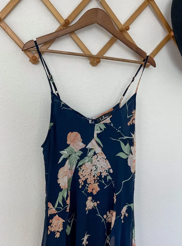Lulus Feeling Freesia Navy Blue Floral Print Handkerchief Hem Maxi Dress - Image 3