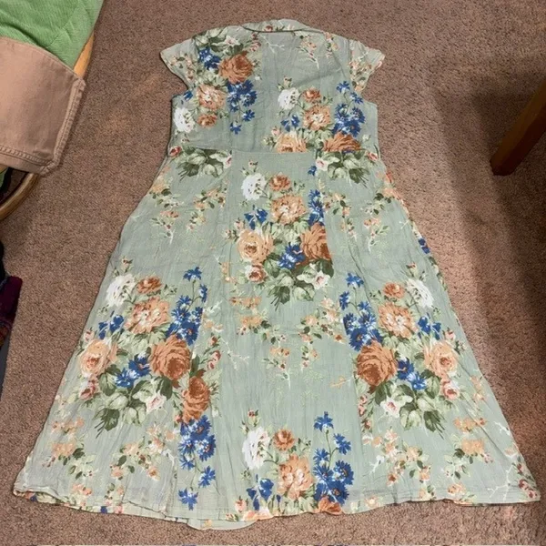 April Cornell Floral Maxi Button Front Short Sleeve Modest Green Dress Large - Image 7