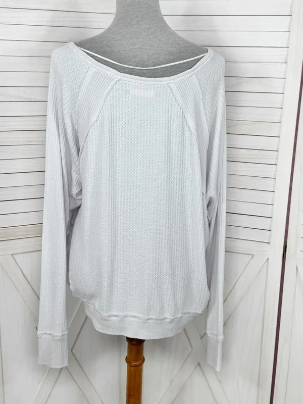 Free People Santa Clara Thermal Oversized Slouchy Top‎ Medium Blue White - Image 4
