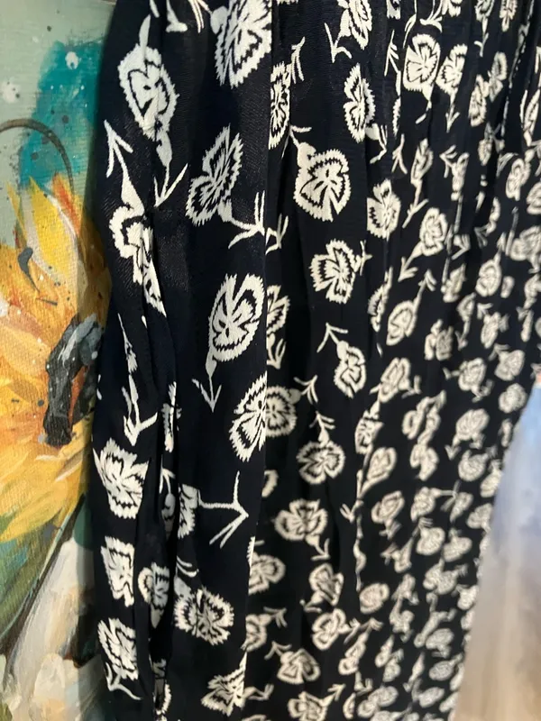 Nostalgia Black and White Floral Flare Pants tied waistband pockets - Image 5