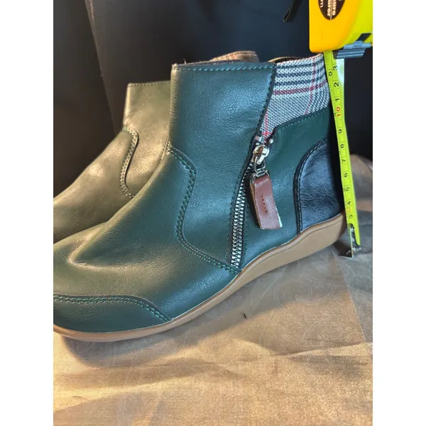 Green Faux Leather Plaid Trim Ankle Boots Dual Zip Flat Booties women's 5 - Image 6