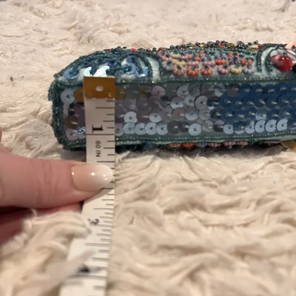 Hand Beaded Shell Clutch Purse Teal Blue Kiss Lock Evening Bag w/ Chain - Image 10