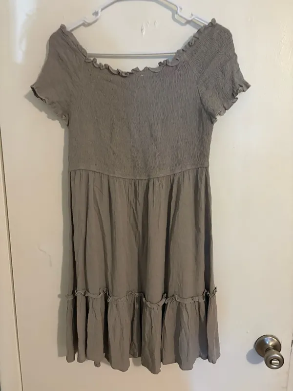 Grey Ruffled Short Sleeve Smocked Bodice Dress - Image 2