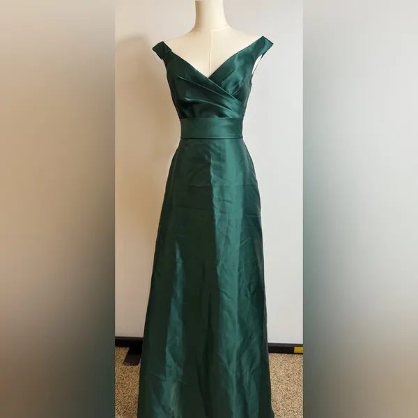 New! Alfred Sung D811S Hunter Green Off Shoulder Draped‎ Wrap Satin Maxi Dress 4 - Image 4