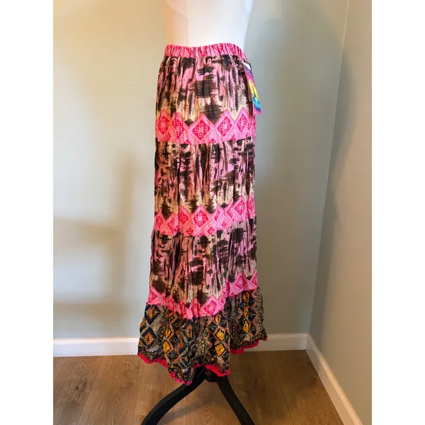 she's cool Whimsigoth retro pink Brown boho Tiered Crinkle Midimaxi Skirt y2k colorful nwt - Image 2
