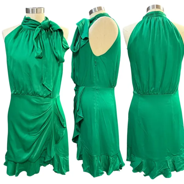 Bardot L Green Wrap Ruffle Hem Halter Mini Dress Tie Sash Cocktail Wedding Guest - Image 3