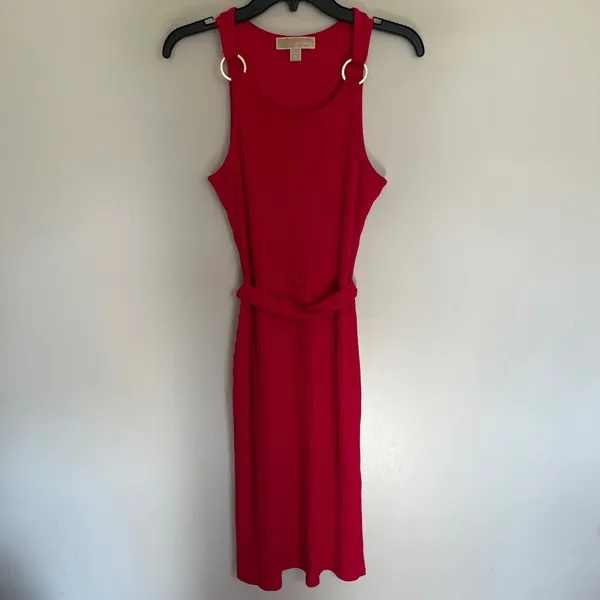 Michael‎ Michael Kors Ribbed Knit Midi Dress Red Pink Ring Shoulder Belted Small - Image 3