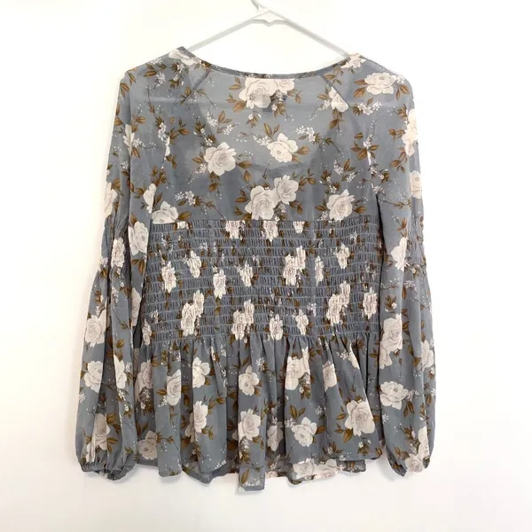 AMERICAN EAGLE Smocked Floral Blouse Blue Cream Ivory Long Sleeve Boho Peplum XS - Image 13