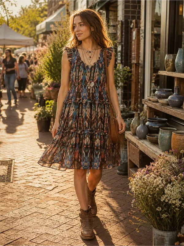 Anthropologie Lili's Closet Sibylline Ikat Tiered Ruffle Dress Womens Small Boho - Image 2