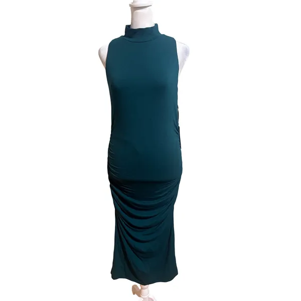 Halogen Ruched Midi Dress Womens Medium Teal New Mock Neck Sleeveless - Image 3