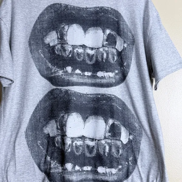 Y2K Punk Graphic T-Shirt Medium Gray Edgy Street Grunge Grillz Oversized - Image 2