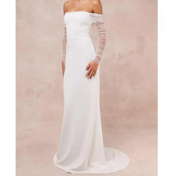 NEW Lulus Bridal Beautifully Beloved White Mesh Off-the-Shoulder Gown Maxi Dress - Image 2